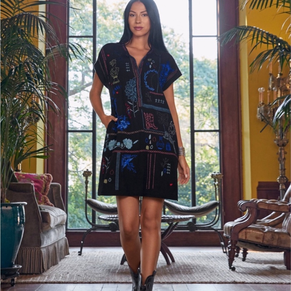 Johnny Was Black Top with Colorful Embroidery